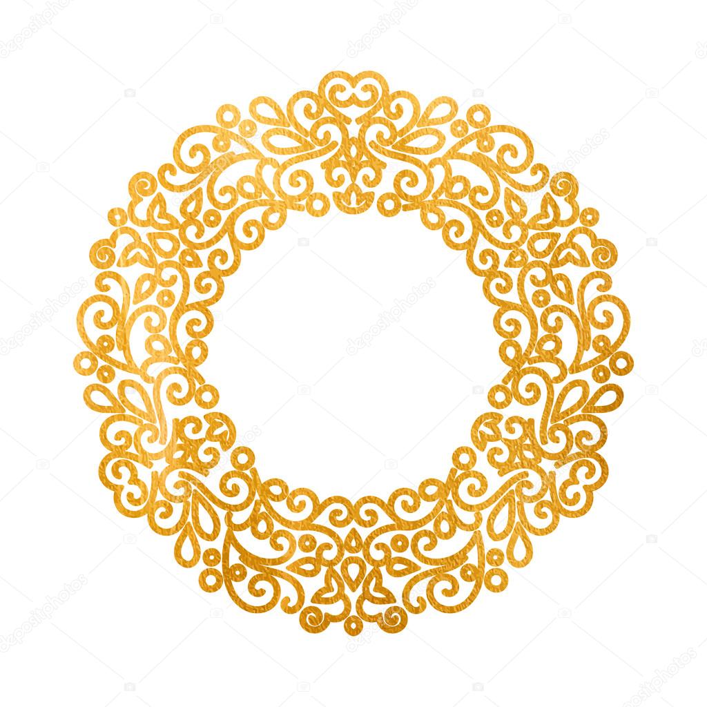 Elegant luxury retro golden floral round frame. Design template for banner, card, invitation, label, emblem etc. Monogram identity, business sign, logo design. Lineart vintage vector illustration.