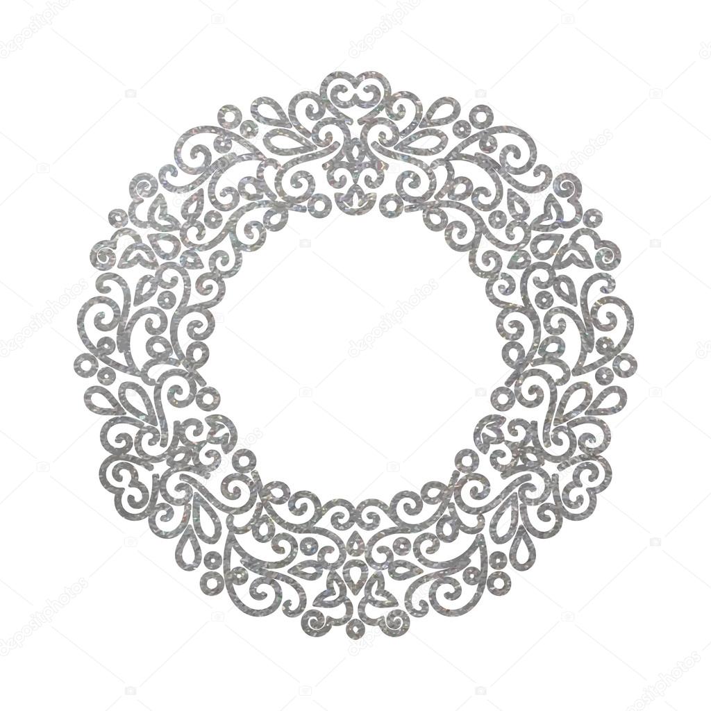 Elegant luxury retro silver floral round frame. Design template for banner, card, invitation, label, emblem etc. Monogram identity, business sign, logo design. Lineart vintage vector illustration.