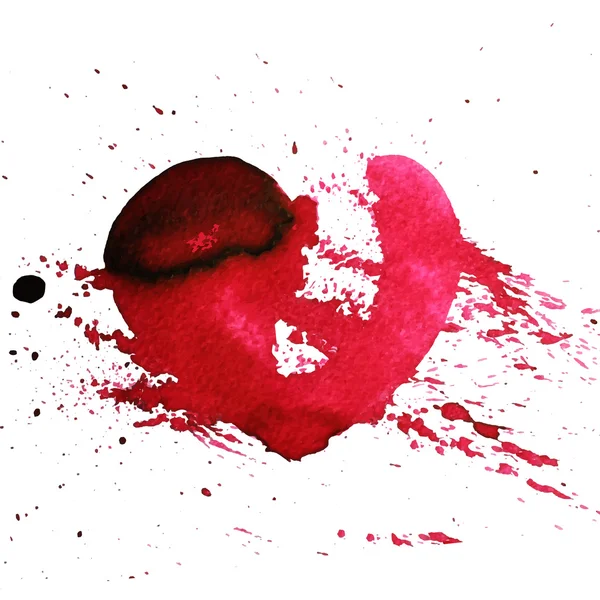 Coração vermelho aquarela desenhado à mão com salpicos . — Vetor de Stock