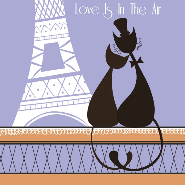 矢量图卡与可爱的恋人猫在巴黎 — 图库矢量图片