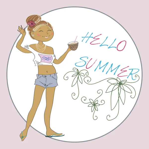 Summer Vector Greeting Card With Cute Girl. Hollo — Stock Vector