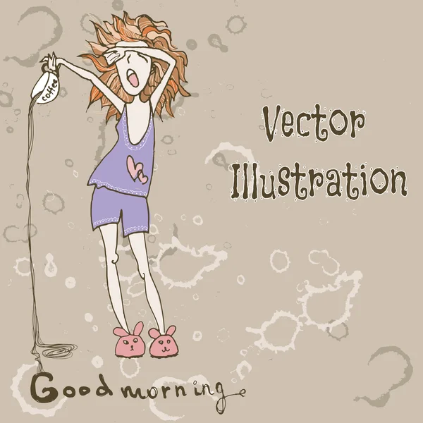 Funny Cute Girl with Morning Coffee. Selamat pagi. Vector Illust - Stok Vektor