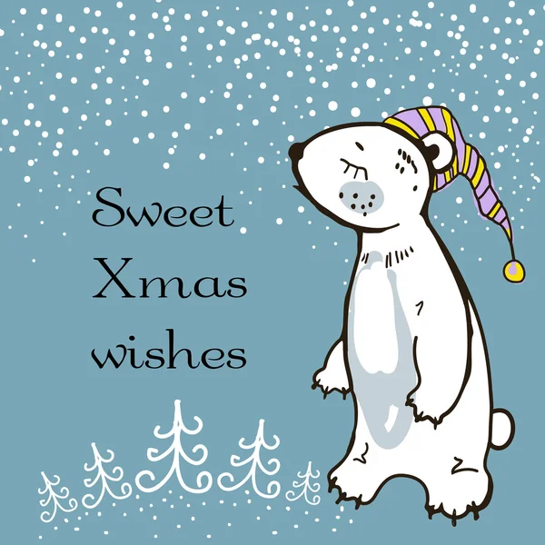 Handgezeichnete Grußkarte mit schläfrigem Teddybär. Weihnachtsvektorillustration. süße Weihnachtswünsche — Stockvektor