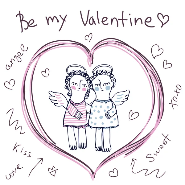 Hand Sketched Vector Greeting Card With Two Cute Angels. Be My Valentine. Happy Valentines Day — Stock Vector