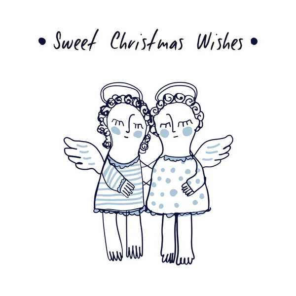 Hand skissade jul gratulationskort med söta änglar. Söta jul önskemål. Vinter vektor Illustration — Stock vektor