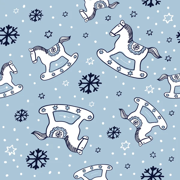 Patrón vectorial de invierno con balanceo caballos, copos de nieve y estrellas. Fondo de Navidad sin costuras — Archivo Imágenes Vectoriales