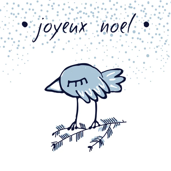 Handskizzierte Weihnachtsgrußkarte mit niedlichem, verschlafenen Vogel. joyeux noel. Illustration des Wintervektors — Stockvektor