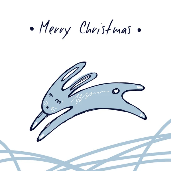 Handskizzierte Weihnachtsgrußkarte mit niedlichem springenden Hasen. Frohe Weihnachten. Illustration des Wintervektors — Stockvektor