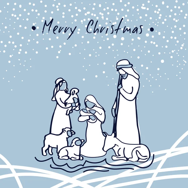 El ile Kutsal Aile kartı Noel Nativity sahne tebrik vektör kabataslak. Mutlu Noeller