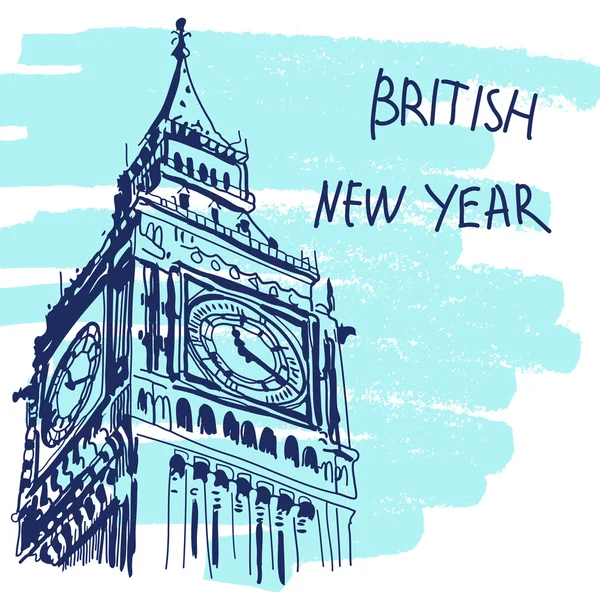 Yeni yıl vektör çizim. Dünya ünlü Landmarck serisi: Big Ben, Londra, İngiltere. İngiliz yeni yıl.