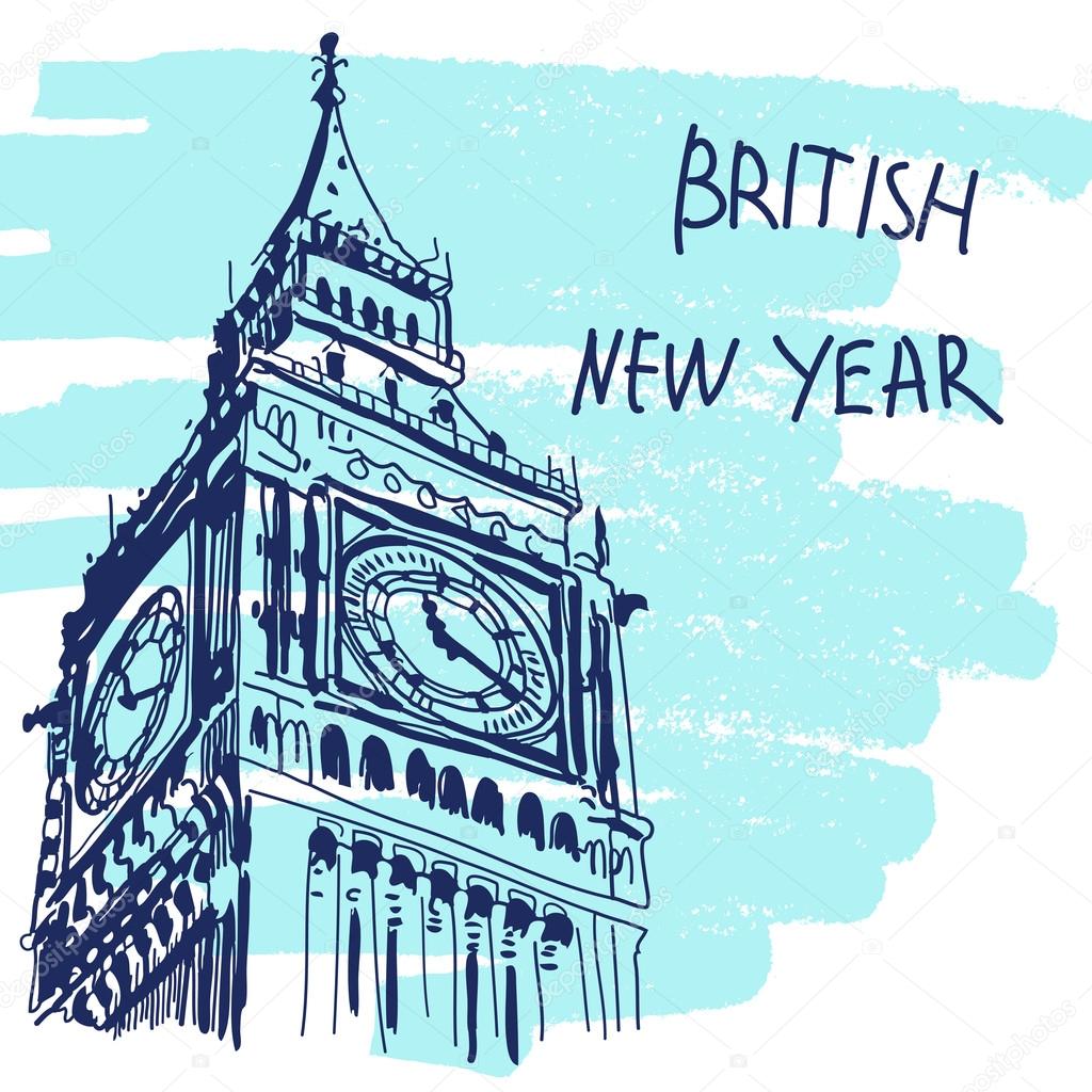 New Year Vector Illustration. World Famous Landmarck Series: Big Ben, London, England. British New Year.