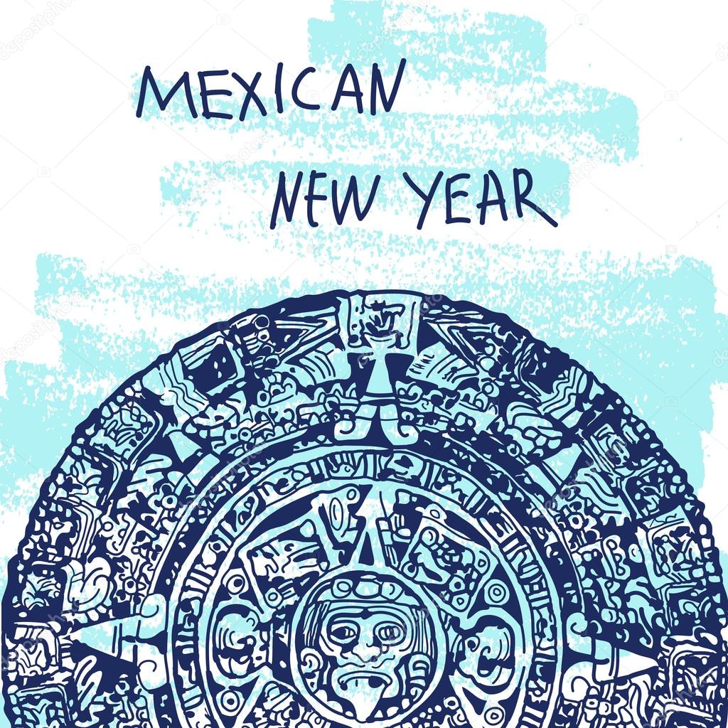 New Year Vector Illustration. World Famous Landmarck Series: Mexico,Mayan calendar, Maya. Mexican New Year