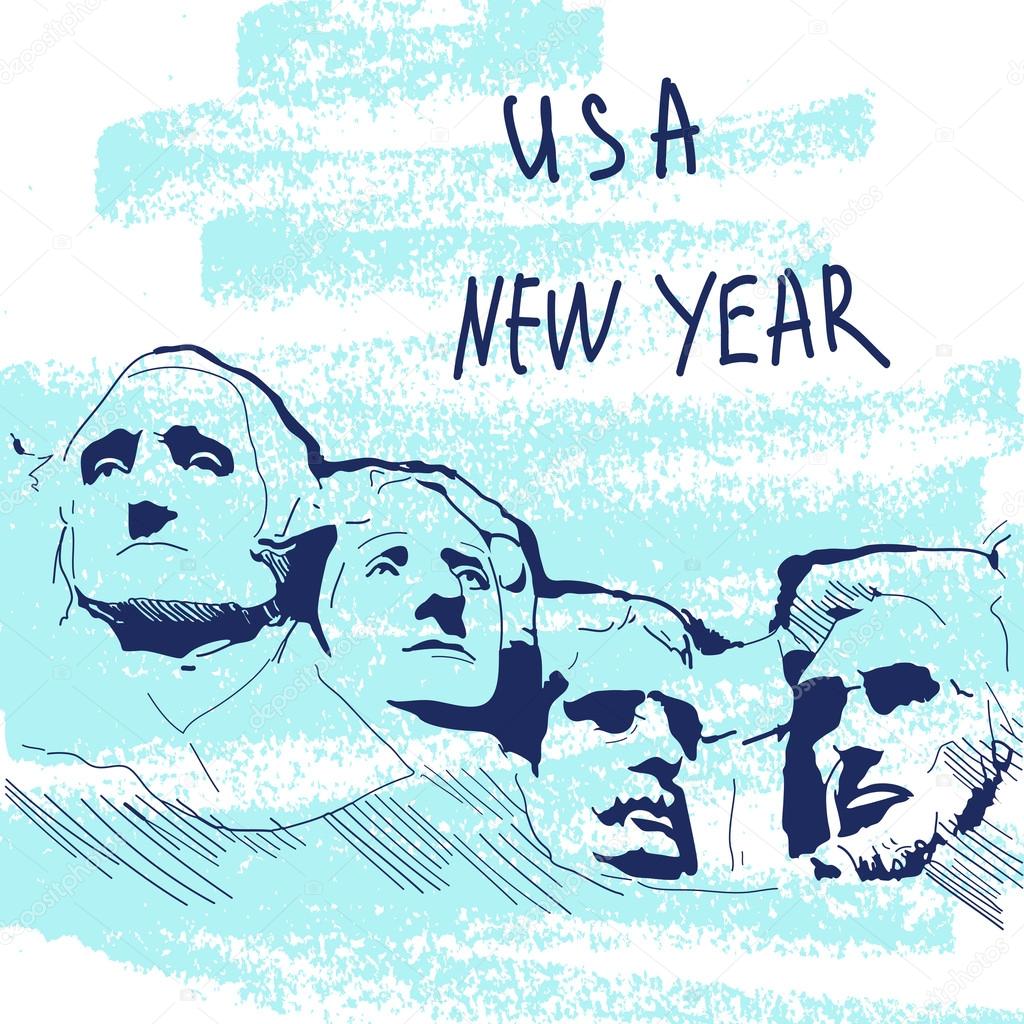 New Year Vector Illustration. World Famous Landmarck Series: USA, Mount Rushmore, Six Grandfathers. USA New Year