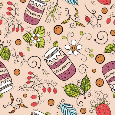 Elle çizilmiş çilek seamless modeli. Kabataslak gıda ve çiçek vektör arka plan. Renkli berry illüstrasyon.
