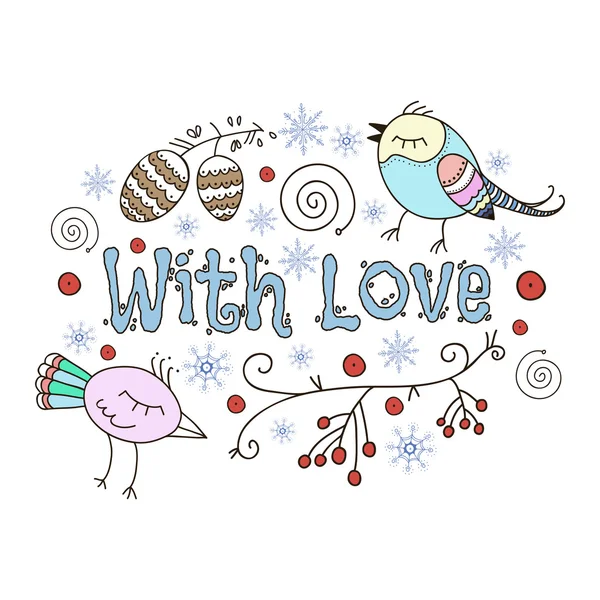 Ρομαντικό χειμώνα κάρτα. Με αγάπη. Doodle εικονογράφηση φορέας — Διανυσματικό Αρχείο