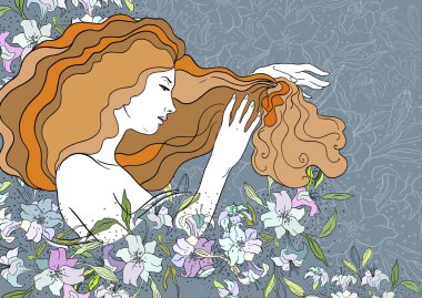 Zambak ile rüya güzel kız vektör Illustration. Vitray pencere stili