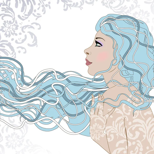 Portrait of pretty young woman in profile view with long beautiful hair. Lady winter. Vector illustration — Stock Vector