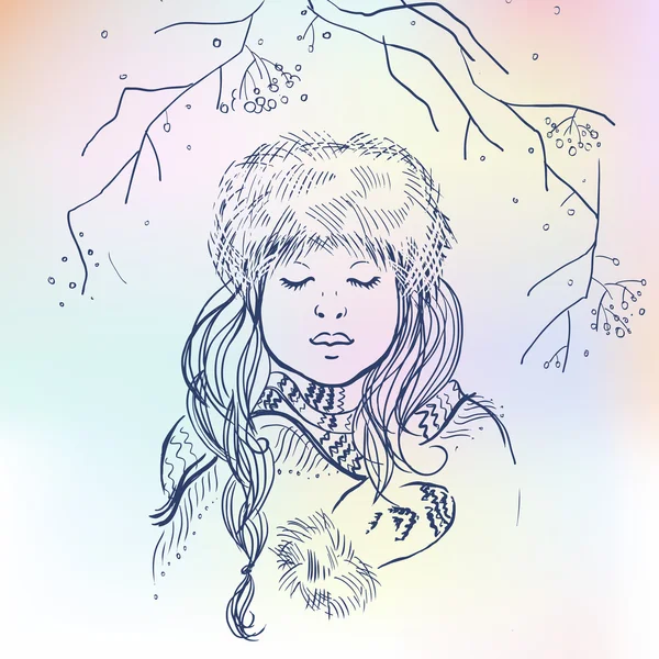 Ilustraciones vectoriales de hermosa chica rusa sobre fondo borroso y colorido. Invierno ruso — Archivo Imágenes Vectoriales