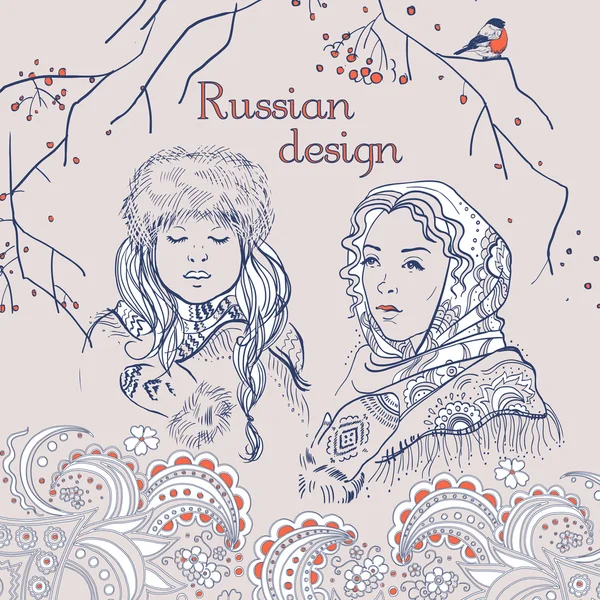 Rus geleneksel syle set, elle çizilmiş basit çizimler, Rus kız ve doğa. İzole vektör çizim