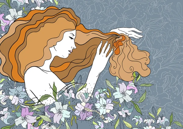Ilustracja wektorowa dreaming piękne dziewczyny z liliami. Styl okna witrażowe — Wektor stockowy