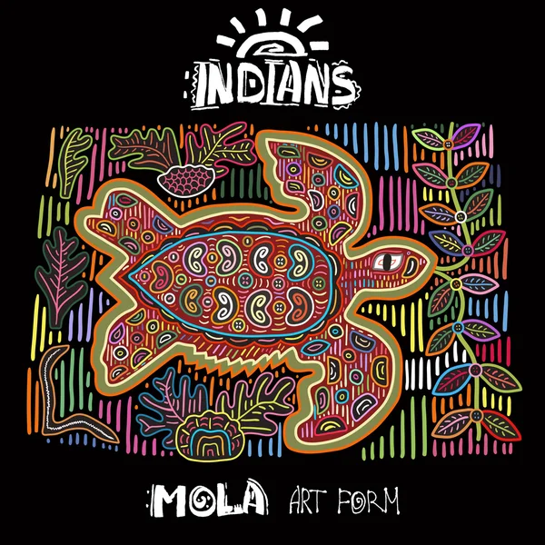 Vector Ethnic Design Element. Indians. MOLA Art Form. Mola Style Turtle. Ethno Bright Decorative Illustration — Stock Vector