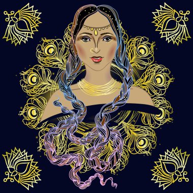 Güzel Hintli esmer genç kadın portre. Boho tarzı moda tasarımı ve Budist simgeler. Vektör çizim