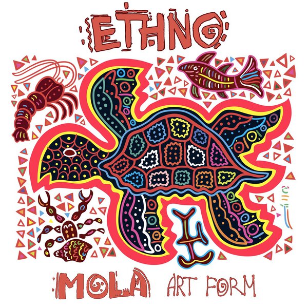 Элемент векторного этнического дизайна. Индейцы. Форма искусства MOLA. "Mola Style Turtle". Этно-яркая декоративная иллюстрация
