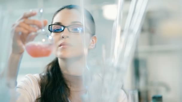 Mujer trabajando con matraz en un laboratorio — Vídeos de Stock