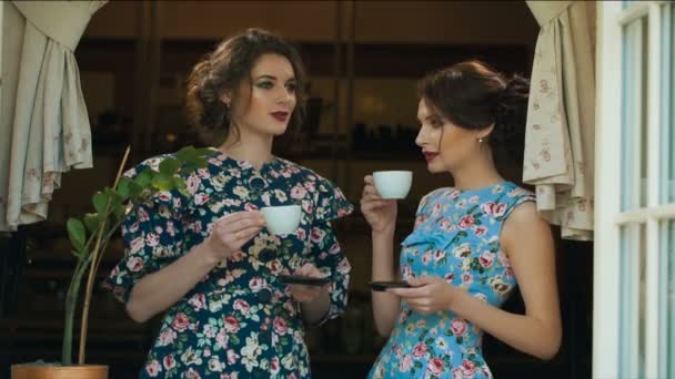 Two Old fashioned woman drink tea and talking — Stock Video