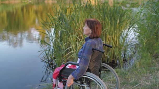 Femme mûre s'asseoir sur fauteuil roulant près du lac — Video