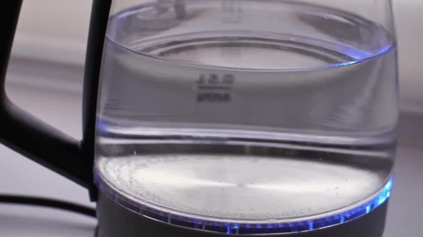 Вода кипит в стеклянном чайнике — стоковое видео