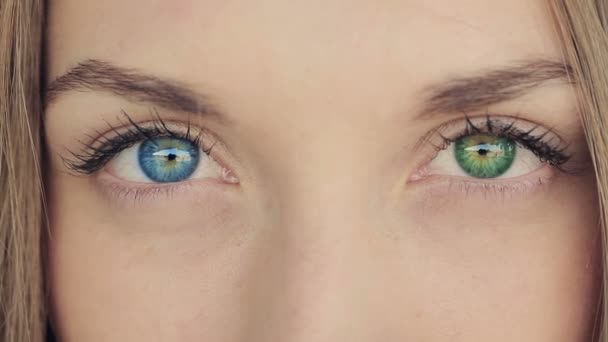 Mulher com olhos azuis e verdes Heterochromia — Vídeo de Stock