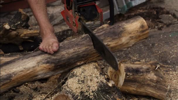 Man aan het werk met chainsaw — Stockvideo