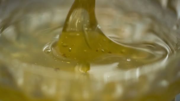 Le miel goutte dans un bocal sur la table — Video