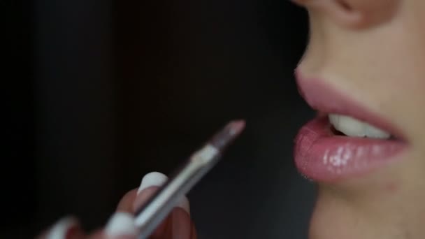 Artista de maquillaje profesional utiliza brillo de labios — Vídeos de Stock