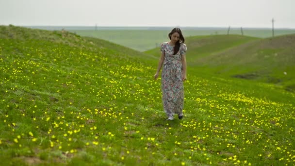 Femme dans une robe longue dans un champ — Video