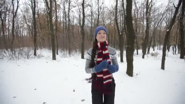 Sportlerin läuft im Winterpark — Stockvideo