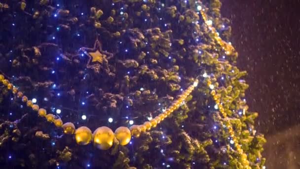 Decoratie op de kerst boom bij avond city — Stockvideo