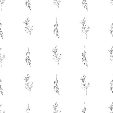 Elle çizilmiş yaprak desenli basit vektör çizimi. Elle çizilmiş dalların kusursuz deseni. Büyük bir çiçek botanik seti. Beyaz arkaplanda izole
