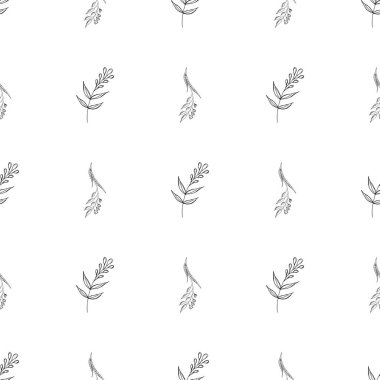Elle çizilmiş yaprak desenli basit vektör çizimi. Elle çizilmiş dalların kusursuz deseni. Büyük bir çiçek botanik seti. Beyaz arkaplanda izole