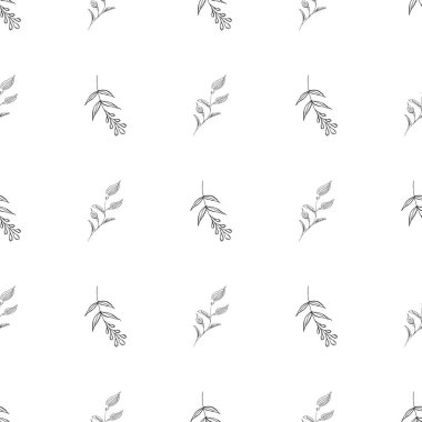 Elle çizilmiş yaprak desenli basit vektör çizimi. Elle çizilmiş dalların kusursuz deseni. Büyük bir çiçek botanik seti. Beyaz arkaplanda izole