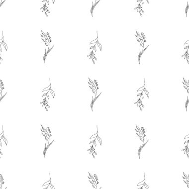 Elle çizilmiş yaprak desenli basit vektör çizimi. Elle çizilmiş dalların kusursuz deseni. Büyük bir çiçek botanik seti. Beyaz arkaplanda izole