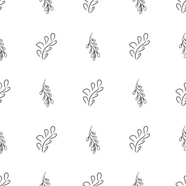 Elle çizilmiş yaprak desenli basit vektör çizimi. Elle çizilmiş dalların kusursuz deseni. Büyük bir çiçek botanik seti. Beyaz arkaplanda izole