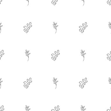 Elle çizilmiş yaprak desenli basit vektör çizimi. Elle çizilmiş dalların kusursuz deseni. Büyük bir çiçek botanik seti. Beyaz arkaplanda izole