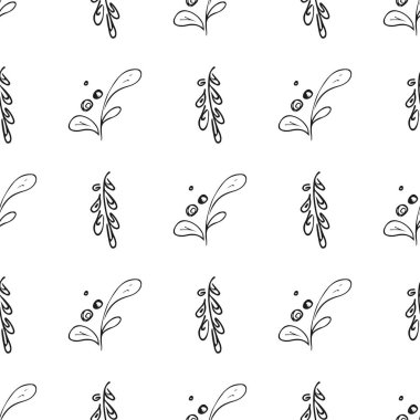 Elle çizilmiş yaprak desenli basit vektör çizimi. Elle çizilmiş dalların kusursuz deseni. Büyük bir çiçek botanik seti. Beyaz arkaplanda izole