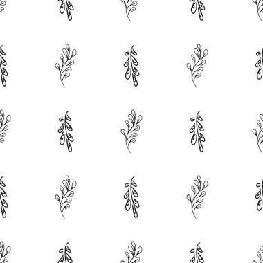 Elle çizilmiş yaprak desenli basit vektör çizimi. Elle çizilmiş dalların kusursuz deseni. Büyük bir çiçek botanik seti. Beyaz arkaplanda izole