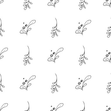 Elle çizilmiş yaprak desenli basit vektör çizimi. Elle çizilmiş dalların kusursuz deseni. Büyük bir çiçek botanik seti. Beyaz arkaplanda izole