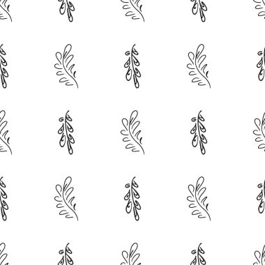 Elle çizilmiş yaprak desenli basit vektör çizimi. Elle çizilmiş dalların kusursuz deseni. Büyük bir çiçek botanik seti. Beyaz arkaplanda izole