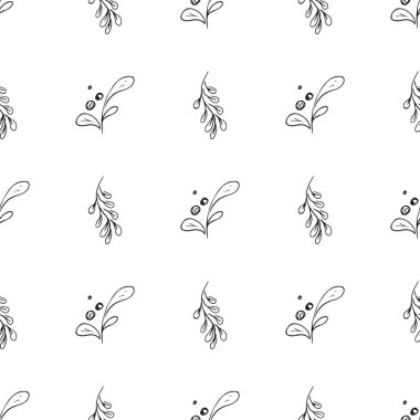 Elle çizilmiş yaprak desenli basit vektör çizimi. Elle çizilmiş dalların kusursuz deseni. Büyük bir çiçek botanik seti. Beyaz arkaplanda izole