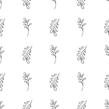 Elle çizilmiş yaprak desenli basit vektör çizimi. Elle çizilmiş dalların kusursuz deseni. Büyük bir çiçek botanik seti. Beyaz arkaplanda izole